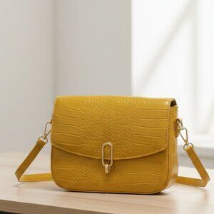 A New Day Yellow Croc Embossed Crossbody Bag Mustard Gold Hardware